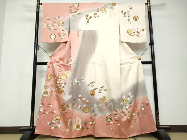 平和屋着物●訪問着 駒刺繍 花鳥丸文 暈し染め 金彩 正絹 逸品 DABK0360ud