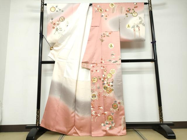 平和屋着物●訪問着 駒刺繍 花鳥丸文 暈し染め 金彩 正絹 逸品 DABK0360ud