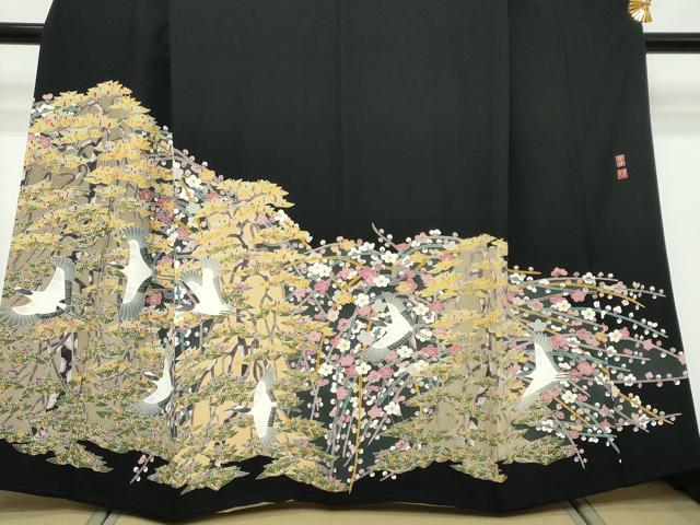 平和屋着物●本加賀友禅作家 百貫華峰 黒留袖 飛鶴草花文 正絹 逸品 DABK0374ud