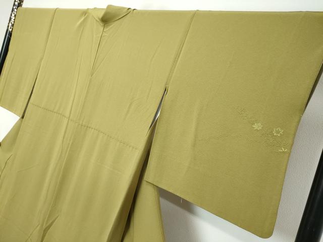 平和屋着物●中国三大刺繍 スワトウ刺繍 汕頭刺繍 総刺繍 無地絵羽訪問着 御所車風景草花文 根岸色 正絹 逸品 DABK0389ud