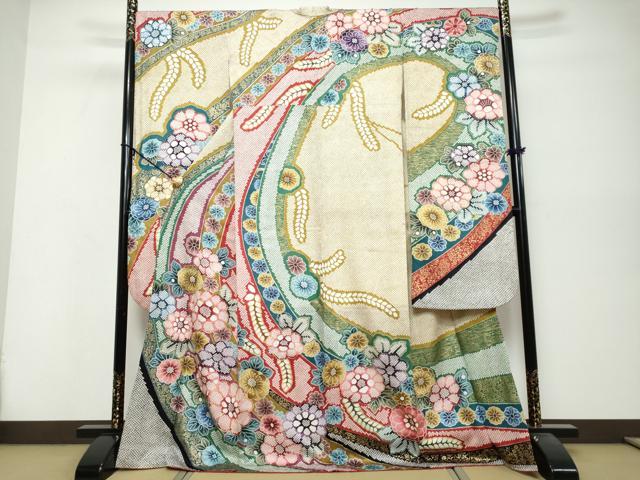 平和屋着物●豪華振袖 駒刺繍 鹿の子草花文 金彩 正絹 逸品 DABK0453ud