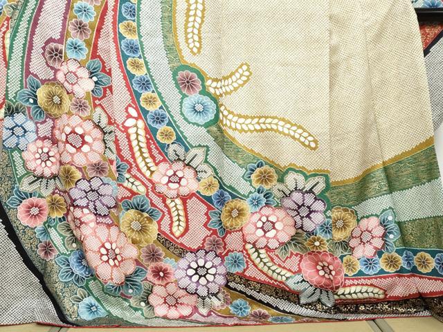 平和屋着物●豪華振袖 駒刺繍 鹿の子草花文 金彩 正絹 逸品 DABK0453ud