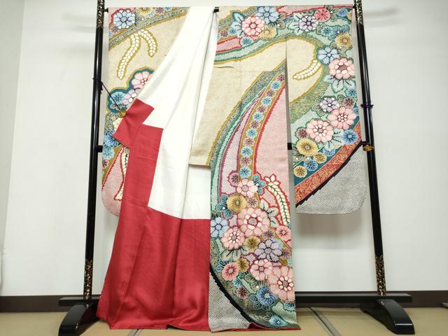 平和屋着物●豪華振袖 駒刺繍 鹿の子草花文 金彩 正絹 逸品 DABK0453ud
