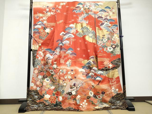 平和屋着物●豪華振袖 駒刺繍 御所車鴛鴦花文 暈し染め 金彩 正絹 逸品 DABK0454ud