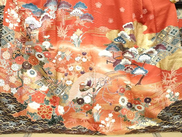 平和屋着物●豪華振袖 駒刺繍 御所車鴛鴦花文 暈し染め 金彩 正絹 逸品 DABK0454ud