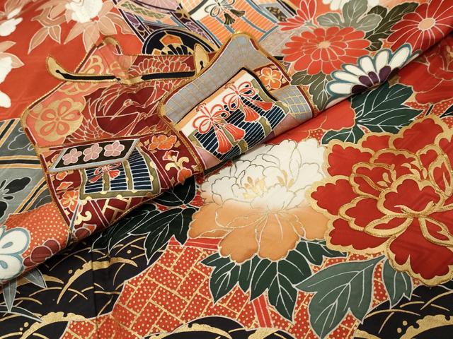 平和屋着物●豪華振袖 駒刺繍 御所車鴛鴦花文 暈し染め 金彩 正絹 逸品 DABK0454ud