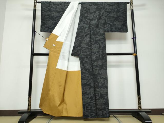 平和屋着物●結城紬 80亀甲 草花籬文 正絹 逸品 DABK0464ud