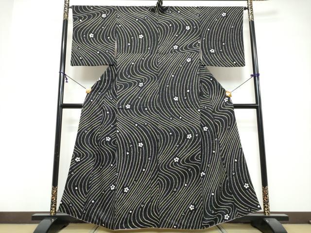 平和屋着物●上質な小紋 総絞り 舞花文 黒地 正絹 逸品 DABK0477ud
