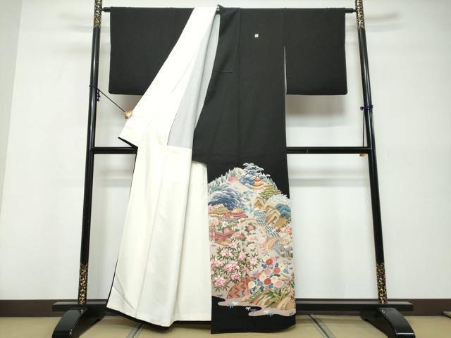 平和屋着物●本加賀友禅作家 中 政雄 黒留袖 風景草花文 正絹 逸品 DABK0496ud
