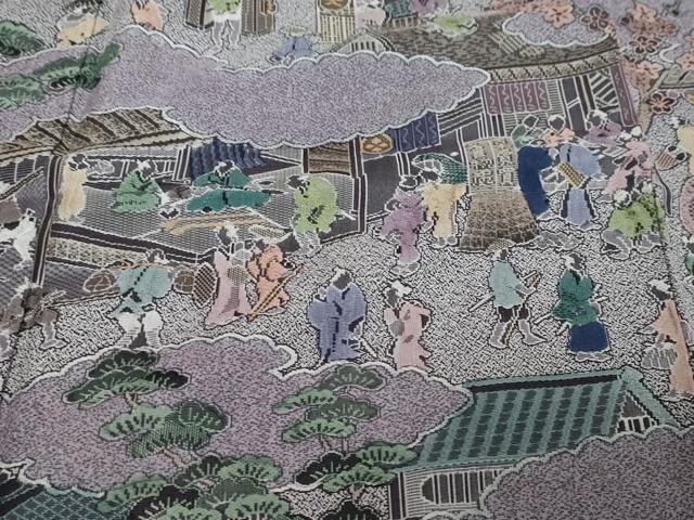 平和屋着物●霧島忍 訪問着 お召地 彩天目織 人物風景文 健勝苑扱い 反端付き 正絹 逸品 DABK0525ud