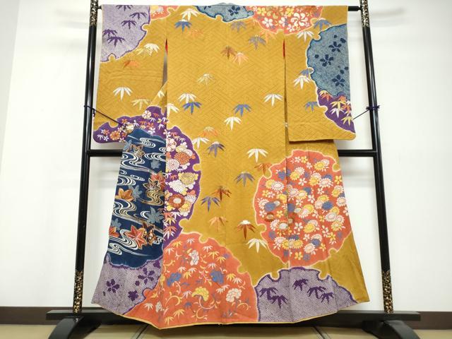 平和屋着物●アンティーク 大正ロマン 訪問着 駒刺繍 絞り 流水草花文 金糸 正絹 逸品 DABK0566ud