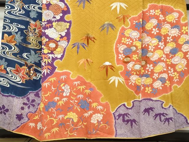 平和屋着物●アンティーク 大正ロマン 訪問着 駒刺繍 絞り 流水草花文 金糸 正絹 逸品 DABK0566ud