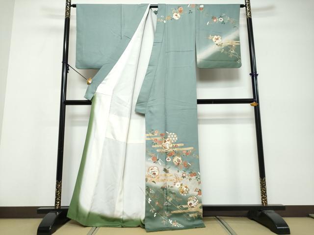 平和屋着物●訪問着 駒刺繍 雪輪花鳥文 暈し染め 金銀彩 正絹 逸品 DABK0568ud