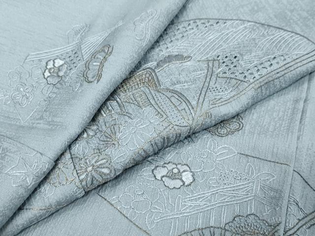 平和屋着物●中国三大刺繍 スワトウ刺繍 汕頭刺繍 総刺繍 訪問着 扇面御所車草花文 金糸 正絹 逸品 DABK0574ud
