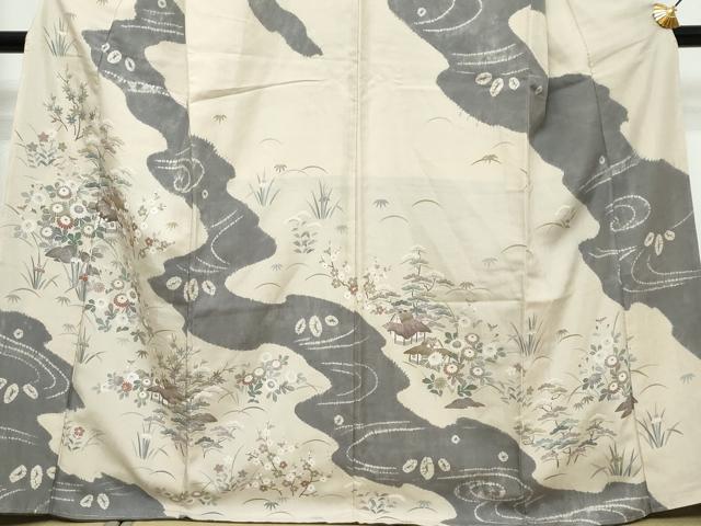 平和屋着物●訪問着 紬地 絞り 道長風景草花文 正絹 逸品 未使用 DABK0578ud