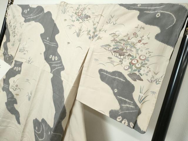 平和屋着物●訪問着 紬地 絞り 道長風景草花文 正絹 逸品 未使用 DABK0578ud