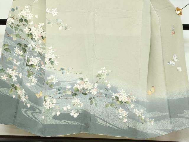 平和屋着物●訪問着 友禅 作家物 花蝶文 暈し染め 鬼しぼ縮緬 正絹 逸品 DABK0587ud
