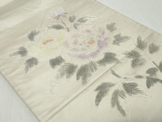 平和屋着物◎太鼓柄袋帯 駒刺繍 枝花文 銀糸 正絹 逸品 DABK0646ud