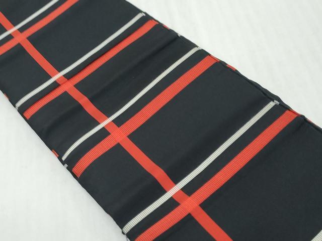 平和屋着物◎本場筑前博多織 両面半幅帯 変わり格子文 黒地 正絹 逸品 DABK0664ud