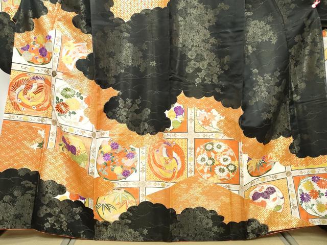 平和屋着物●豪華振袖 花鳥丸文 黒地 金彩 金通し地 正絹 逸品 DABK0751ud