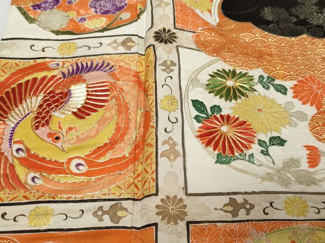 平和屋着物●豪華振袖 花鳥丸文 黒地 金彩 金通し地 正絹 逸品 DABK0751ud