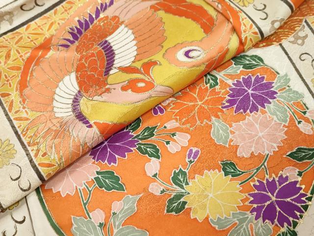 平和屋着物●豪華振袖 花鳥丸文 黒地 金彩 金通し地 正絹 逸品 DABK0751ud