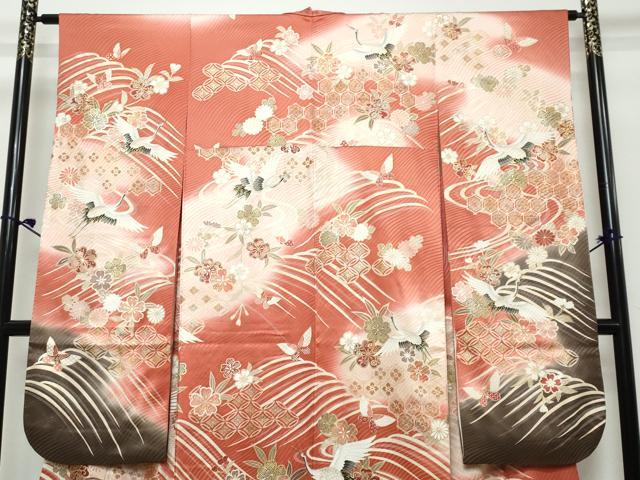 平和屋着物●豪華振袖 駒刺繍 吉祥飛鶴花蝶文 暈し染め 金彩 正絹 逸品 DABK0777ud