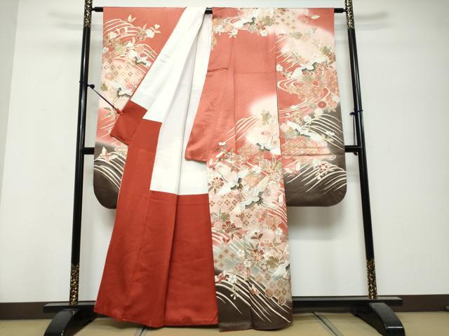 平和屋着物●豪華振袖 駒刺繍 吉祥飛鶴花蝶文 暈し染め 金彩 正絹 逸品 DABK0777ud