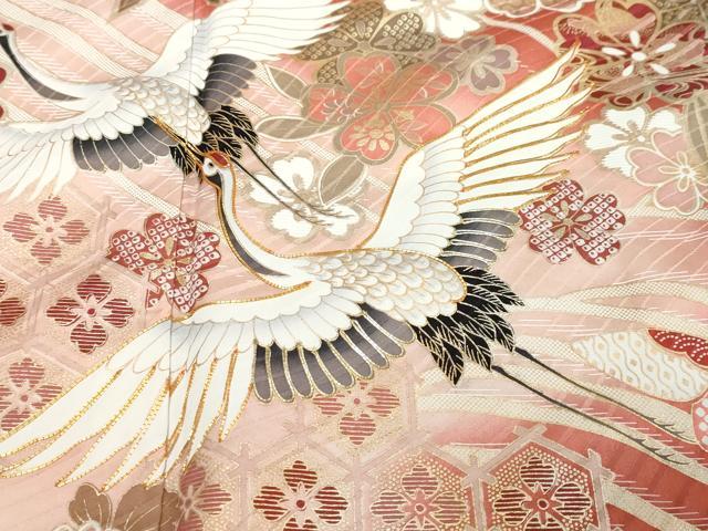 平和屋着物●豪華振袖 駒刺繍 吉祥飛鶴花蝶文 暈し染め 金彩 正絹 逸品 DABK0777ud