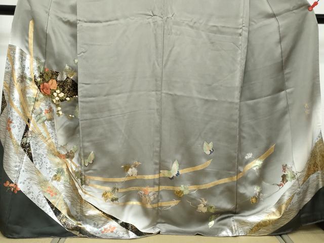 平和屋着物●訪問着 作家物 扇面花蝶文 暈し染め 金銀彩 正絹 逸品 DABK0796ud