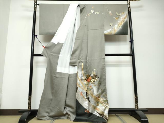 平和屋着物●訪問着 作家物 扇面花蝶文 暈し染め 金銀彩 正絹 逸品 DABK0796ud