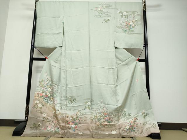 平和屋着物●訪問着 作家物 流水草花文 暈し染め 金彩 仮絵羽 正絹 逸品 未使用 DABK0806ud