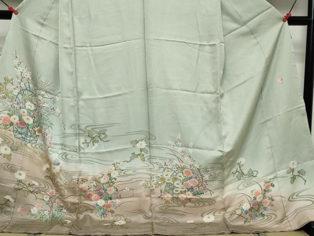 平和屋着物●訪問着 作家物 流水草花文 暈し染め 金彩 仮絵羽 正絹 逸品 未使用 DABK0806ud