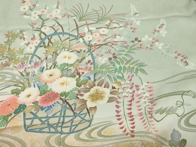 平和屋着物●訪問着 作家物 流水草花文 暈し染め 金彩 仮絵羽 正絹 逸品 未使用 DABK0806ud
