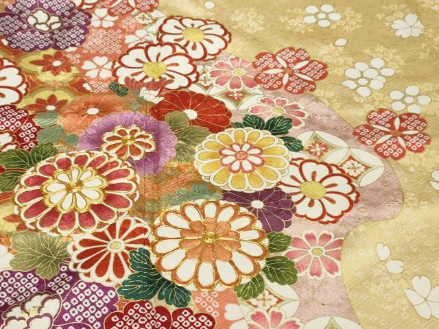 平和屋着物●豪華振袖 駒刺繍 吉祥草花文 金彩 京都きもの友禅扱い ロング丈 正絹 逸品 DABK0841ud