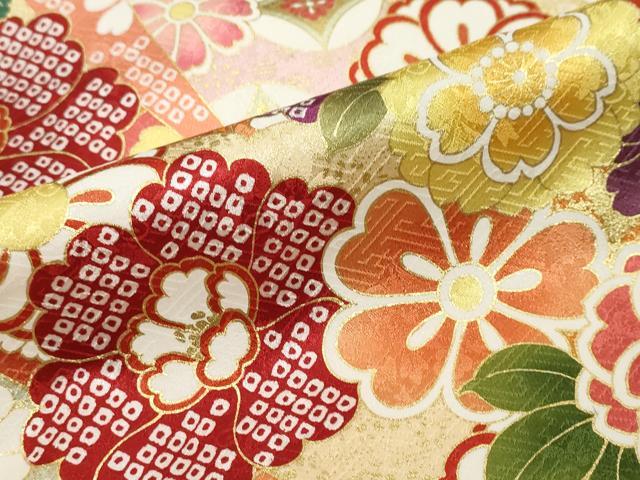平和屋着物●豪華振袖 駒刺繍 吉祥草花文 金彩 京都きもの友禅扱い ロング丈 正絹 逸品 DABK0841ud