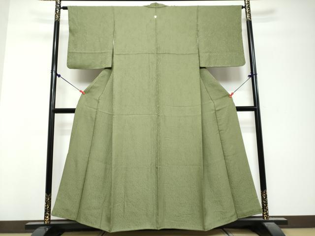 平和屋着物●上質な色無地 花唐草地紋 松葉色 正絹 逸品 DABK0848ud