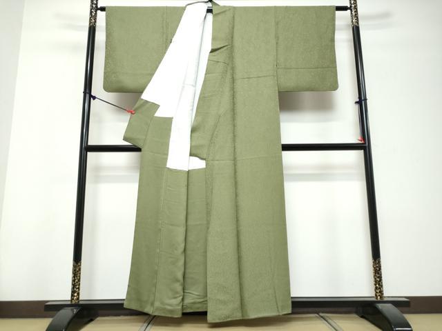 平和屋着物●上質な色無地 花唐草地紋 松葉色 正絹 逸品 DABK0848ud