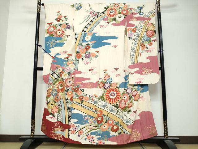 平和屋着物●セミアンティーク 振袖 刺繍 流水花文 金彩 正絹 逸品 DABK0863ud