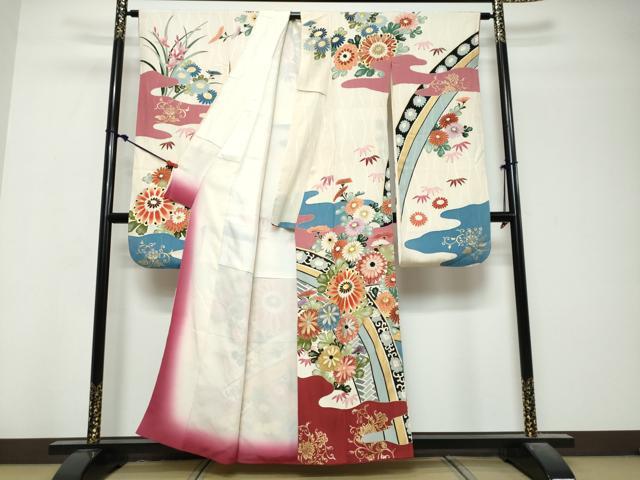 平和屋着物●セミアンティーク 振袖 刺繍 流水花文 金彩 正絹 逸品 DABK0863ud