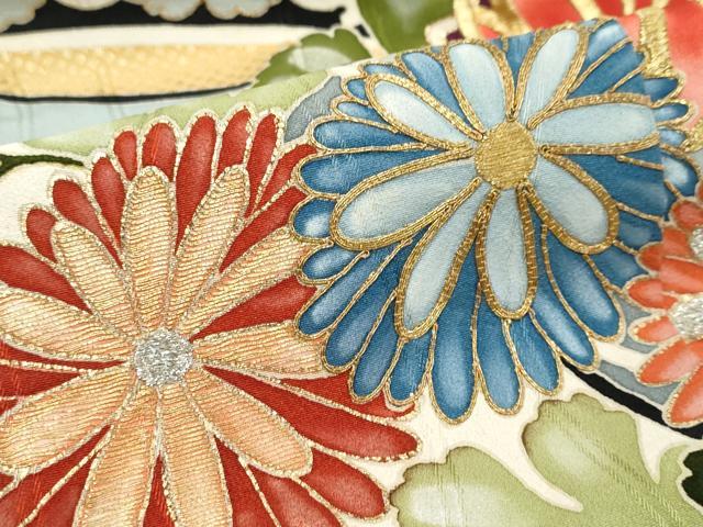 平和屋着物●セミアンティーク 振袖 刺繍 流水花文 金彩 正絹 逸品 DABK0863ud