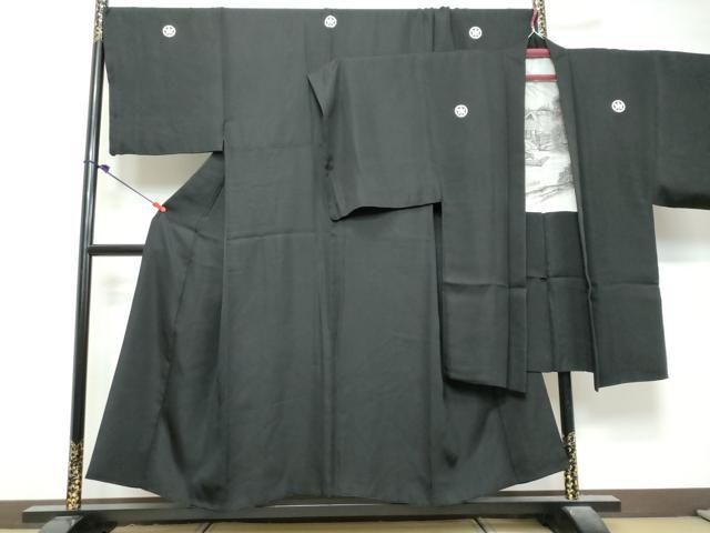 平和屋着物●男性 黒紋付 アンサンブル 長羽織 羽裏:風景文 キングサイズ 正絹 逸品 DABK0869ud