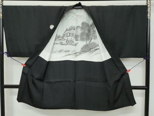 平和屋着物●男性 黒紋付 アンサンブル 長羽織 羽裏:風景文 キングサイズ 正絹 逸品 DABK0869ud