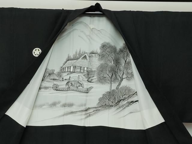 平和屋着物●男性 黒紋付 アンサンブル 長羽織 羽裏:風景文 キングサイズ 正絹 逸品 DABK0869ud