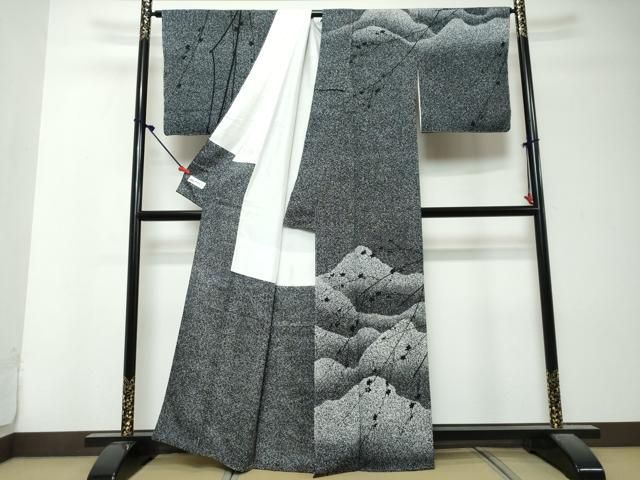 平和屋着物●訪問着 作家物 たたき染め 枝花文 黒地 やまと誂製 正絹 逸品 DABK0875ud