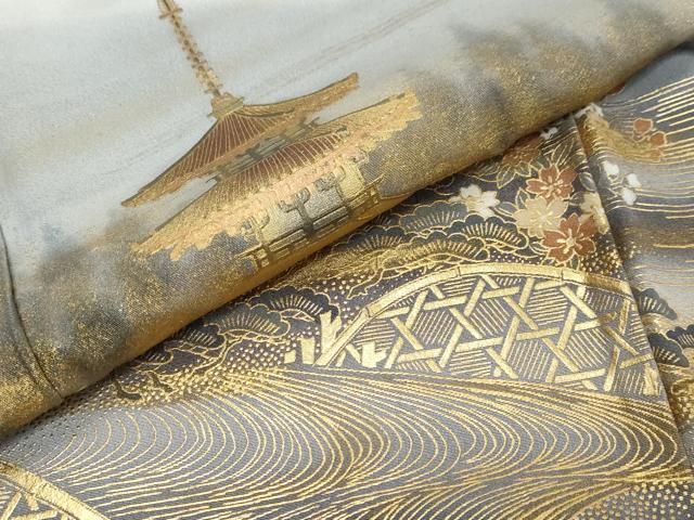 平和屋着物●訪問着 作家物 流水風景草花文 暈し染め 金彩 正絹 逸品 DABK0879ud