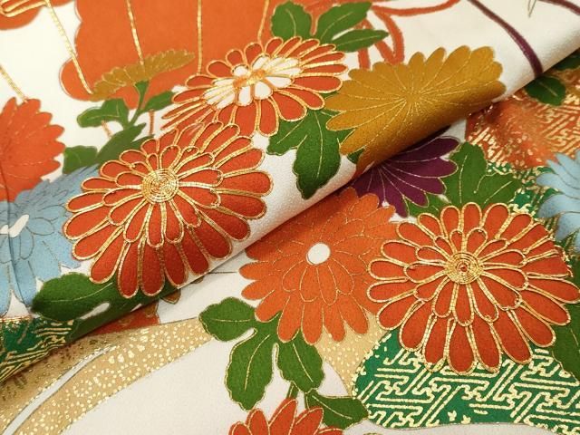 平和屋着物●訪問着 駒刺繍 扇面草花文 金彩 正絹 逸品 DABK0898ud