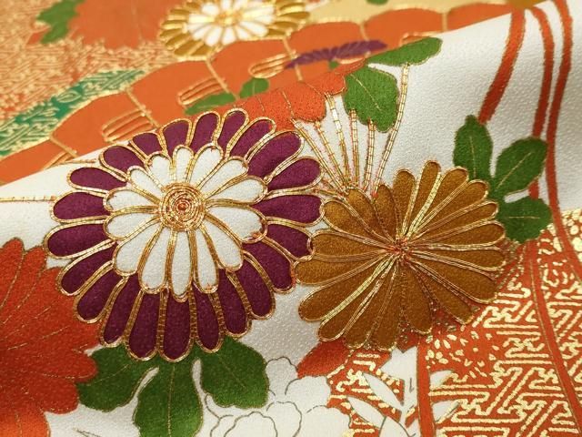 平和屋着物●訪問着 駒刺繍 扇面草花文 金彩 正絹 逸品 DABK0898ud