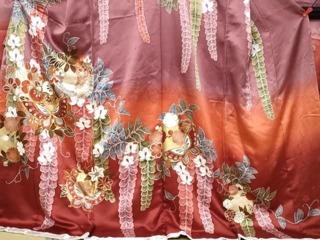 平和屋着物●女優・後藤久美子ブランド 振袖 駒刺繍 花蝶文 暈し染め 金彩 仮絵羽 逸品 未使用 DABK0923ud