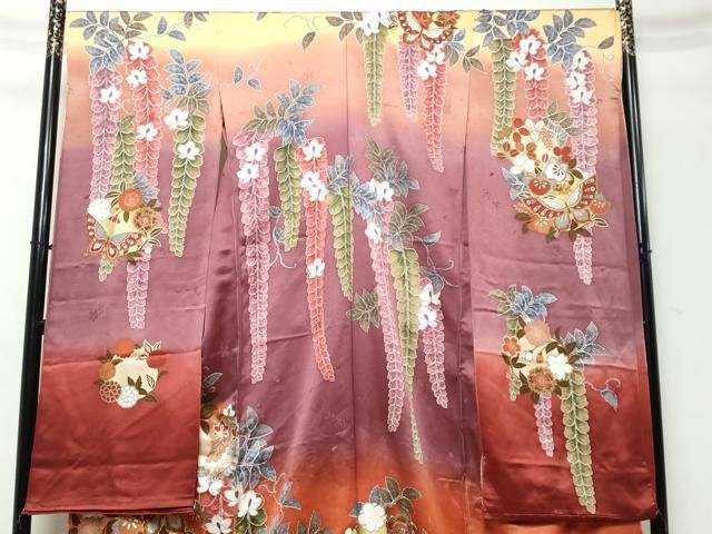 平和屋着物●女優・後藤久美子ブランド 振袖 駒刺繍 花蝶文 暈し染め 金彩 仮絵羽 逸品 未使用 DABK0923ud
